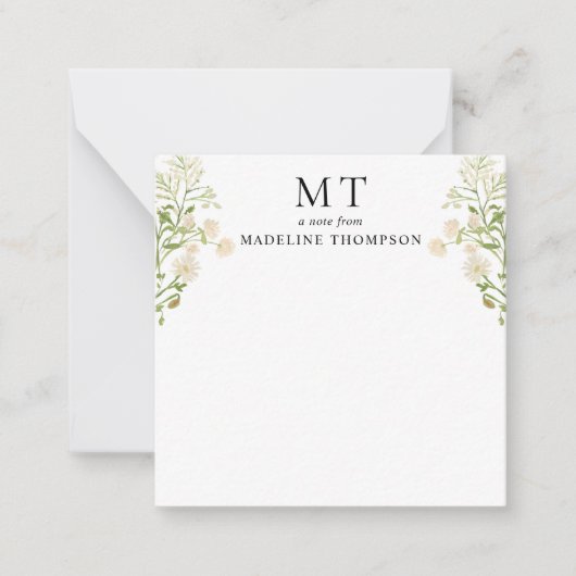 White Floral Wildflower Classic Monogram Square Mitteilungskarte (Vorderseite)