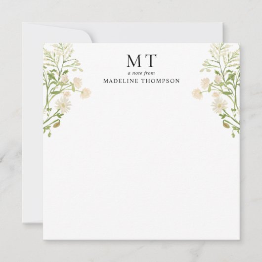 White Floral Wildflower Classic Monogram Square Mitteilungskarte (Vorderseite)