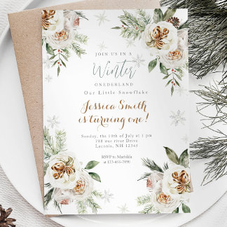 White Floral Winter Onederland Geburtstag Einladung