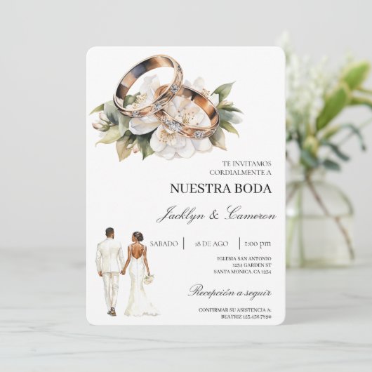 White Floral with ring Spanish Wedding Einladung (Stehend Vorderseite)