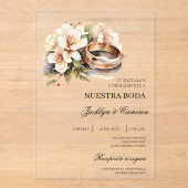 White Floral with ring Spanish Wedding Invitation Acryleinladungen (Vorderseite)