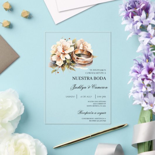 White Floral with ring Spanish Wedding Invitation Acryleinladungen (In Situ (Hochzeit))
