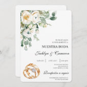 White Floral with ring Spanish Wedding Invitation Einladung (Vorne/Hinten)