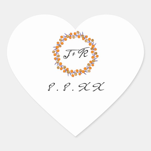 White Floral Wreath Blue Orange Gold Monogram Herz-Aufkleber (Vorderseite)