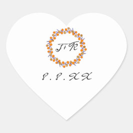 White Floral Wreath Blue Orange Gold Monogram Herz-Aufkleber