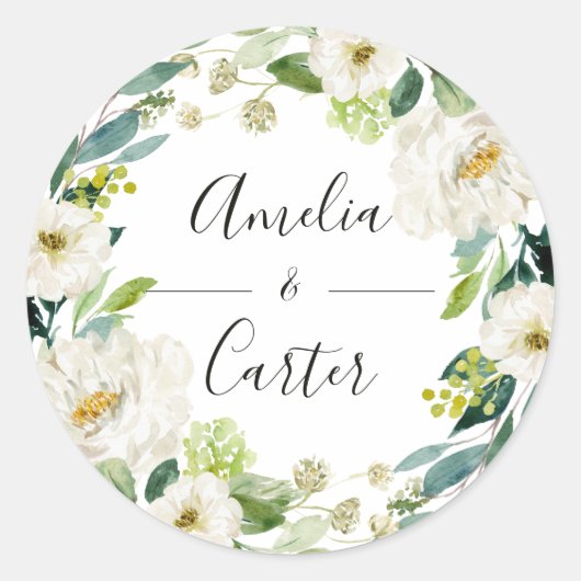 White Floral Wreath Wedding Classic Round Sticker (Vorderseite)