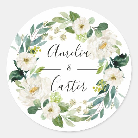 White Floral Wreath Wedding Classic Round Sticker (Vorderseite)