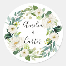 White Floral Wreath Wedding Classic Round Sticker