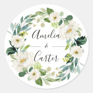 White Floral Wreath Wedding Classic Round Sticker