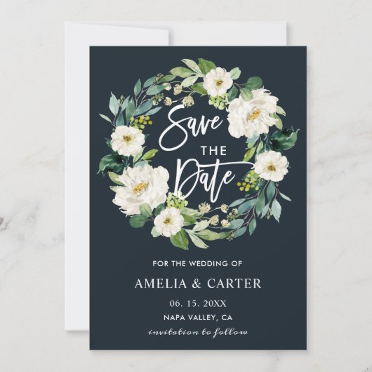 White Floral Wreath Wedding Save the Date Ca (Vorderseite)