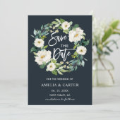 White Floral Wreath Wedding Save the Date Ca (Stehend Vorderseite)