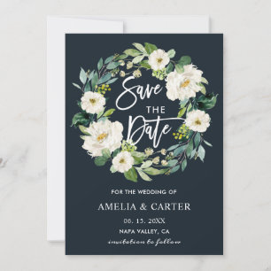 White Floral Wreath Wedding Save the Date Ca