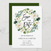 White Floral Wreath Wedding Save the Date Card (Vorne/Hinten)
