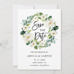 White Floral Wreath Wedding Save the Date Card