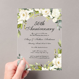 White Florals 50. Hochzeitstag Acryleinladungen