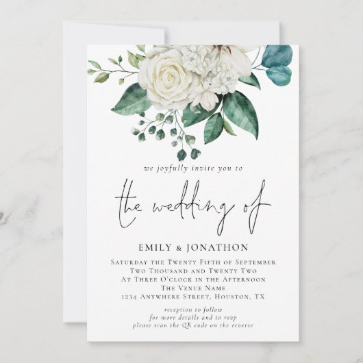 White Florals Eucalyptus QR Code Wedding Einladung (Vorderseite)