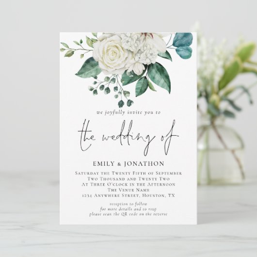 White Florals Eucalyptus QR Code Wedding Einladung (Stehend Vorderseite)