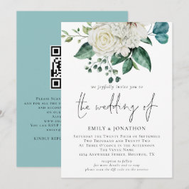 White Florals Eucalyptus QR Code Wedding Einladung