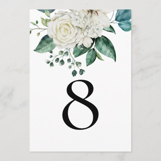 White Florals Eucalyptus Wedding Tischnummer (Rückseite)