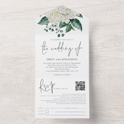 White Florals Foliage QR Code Skript Hochzeit All In One Einladung (Innen Boden)