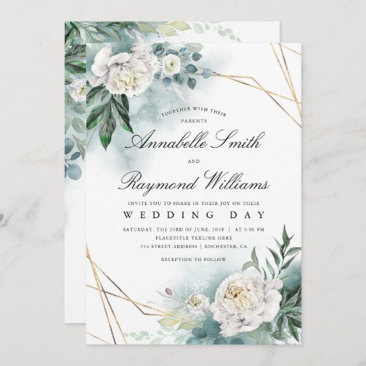 White Florals Gold Frame | Peony Wedding Einladung (Vorne/Hinten)