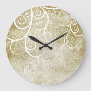 White florals on beige grunge background clock große wanduhr