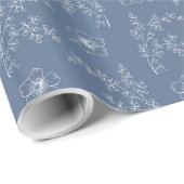 White Florals On Dusty Blue Wedding Wrapping Paper Geschenkpapier (Rolleneckpunkt)