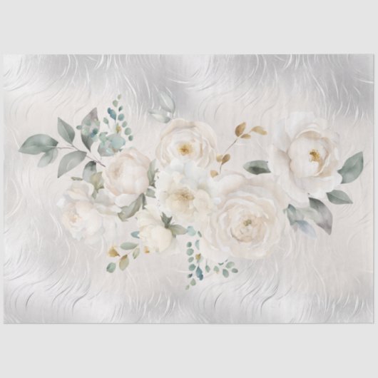 White Florals on Silver Tone Decoupage Seidenpapier (Vorderseite)
