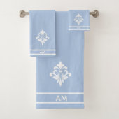 White Flower, Monogram and Stripes on Light Blue Badhandtuch Set (Insitu)
