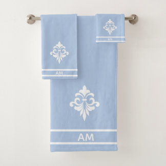 White Flower, Monogram and Stripes on Light Blue Badhandtuch Set