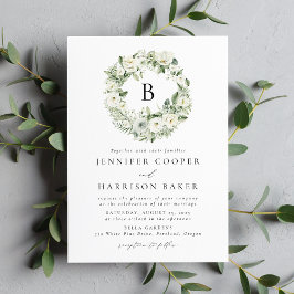 White Flowers and Greenery Monogram Wedding Einladung