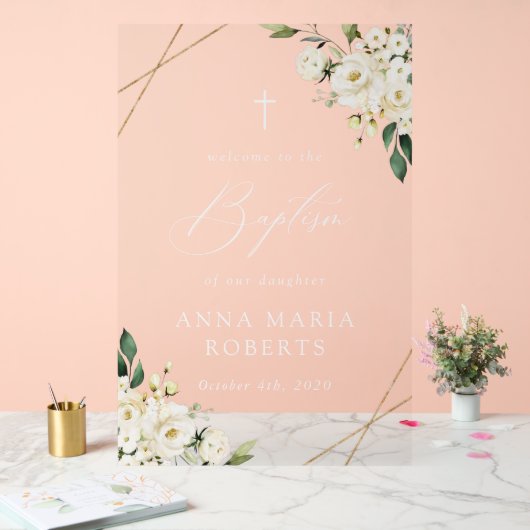 White Flowers, Cream Flowers, Baptism Welcome Acrylschild (Hochzeit)