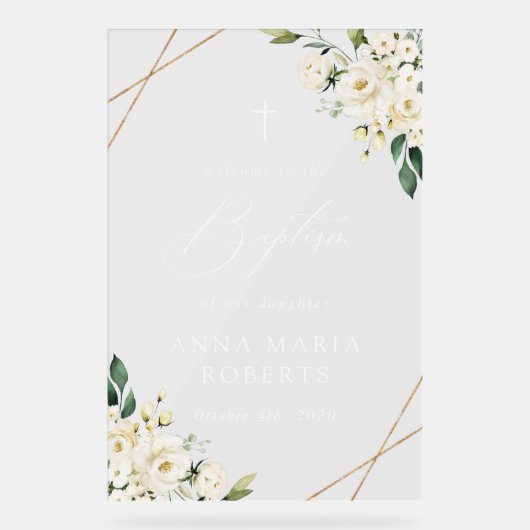 White Flowers, Cream Flowers, Baptism Welcome Acrylschild (Vorderseite)