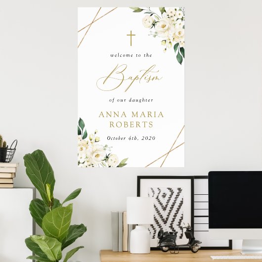 White Flowers, Cream Flowers, Baptism Welcome Poster (Heimbüro)