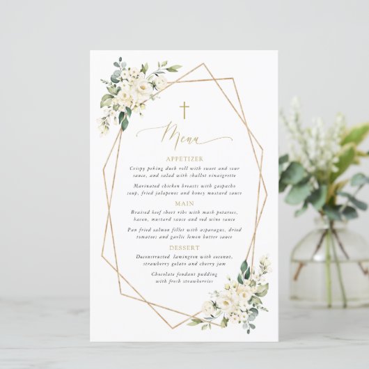 White Flowers, Cream Flowers, Boho, Baptism Menu (Stehend Vorderseite)