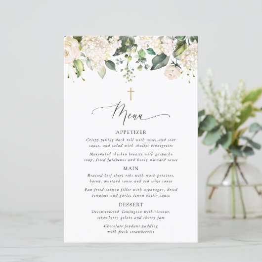White Flowers, Cream Flowers, Boho, Baptism Menu (Stehend Vorderseite)
