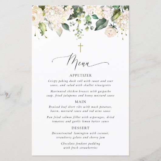 White Flowers, Cream Flowers, Boho, Baptism Menu (Vorderseite)
