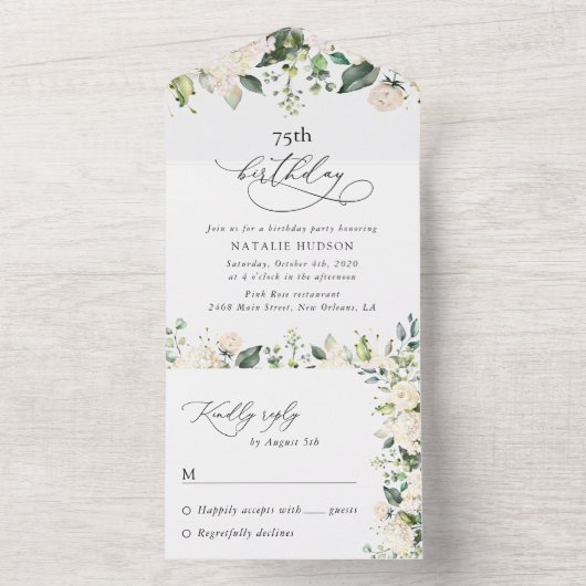 White Flowers, Cream Flowers, Boho, Birthday All In One Einladung (Innen Boden)