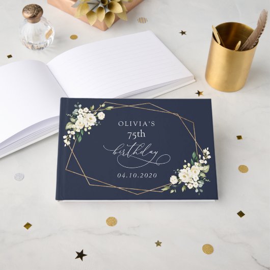 White Flowers, Cream Flowers, Boho, Birthday Gästebuch (Vorderseite Offen)