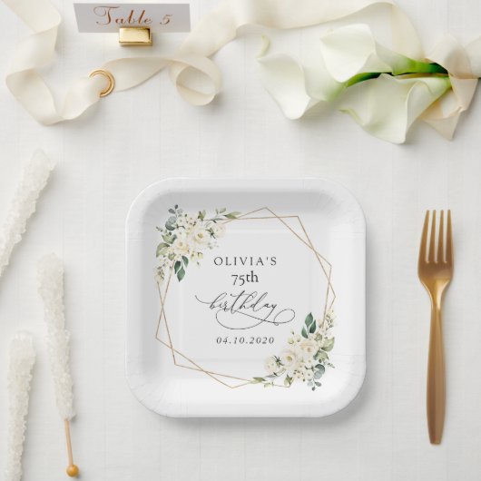 White Flowers, Cream Flowers, Boho, Birthday Pappteller (Hochzeit)