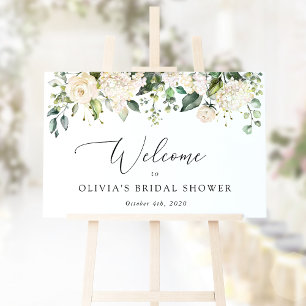 White Flowers, Cream Flowers, Boho, Bridal Welcome Poster