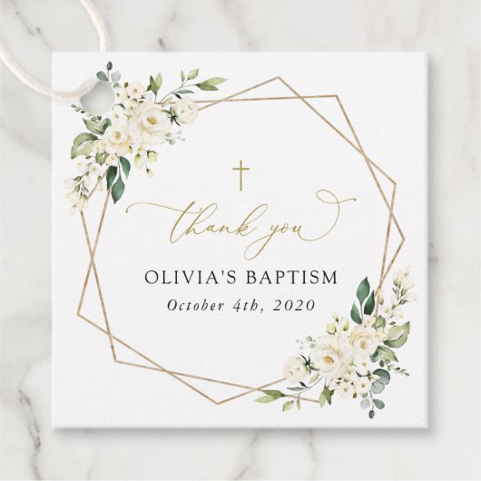 White Flowers, Cream Flowers, Boho, Floral Baptism Geschenkanhänger (Vorderseite)