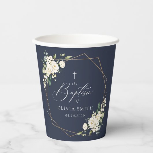 White Flowers, Cream Flowers, Boho, Floral Baptism Pappbecher (Vorderseite)