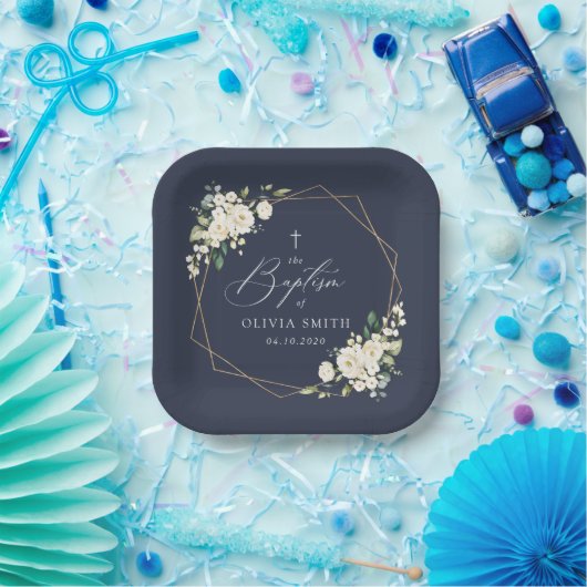 White Flowers, Cream Flowers, Boho, Floral Baptism Pappteller (Party)