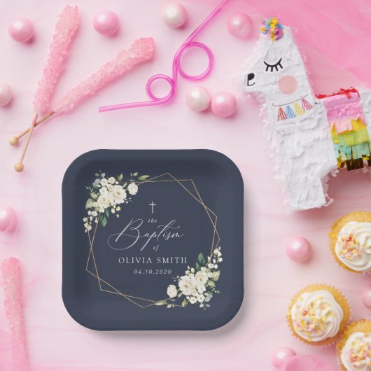 White Flowers, Cream Flowers, Boho, Floral Baptism Pappteller (Party)