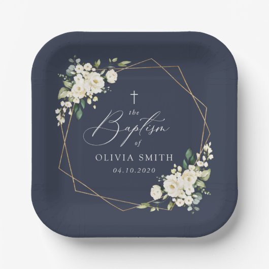 White Flowers, Cream Flowers, Boho, Floral Baptism Pappteller (Vorderseite)