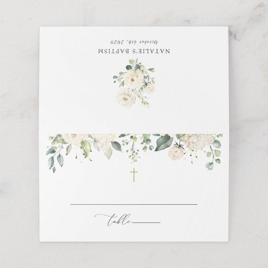 White Flowers, Cream Flowers, Boho, Floral Baptism Platzkarte (Außenseite Aufgefaltet)