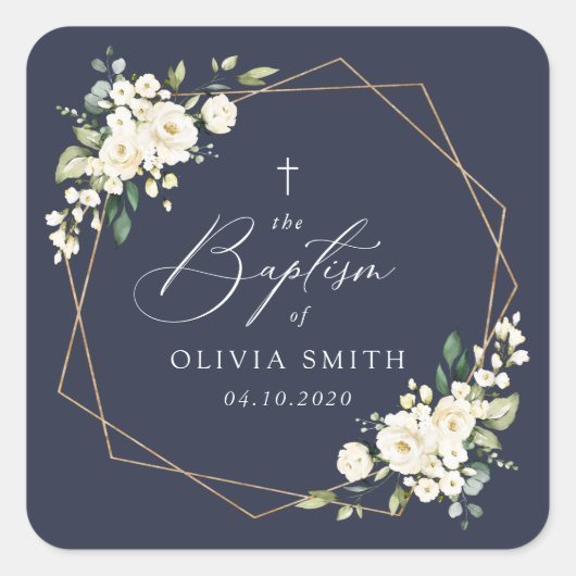 White Flowers, Cream Flowers, Boho, Floral Baptism Quadratischer Aufkleber (Vorderseite)