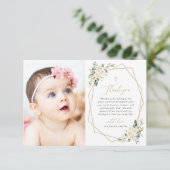 White Flowers, Cream Flowers, Greenery, Baptism Dankeskarte (Stehend Vorderseite)