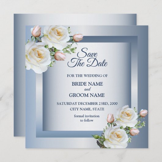 White Flowers Elegant Blue Gray Save The Date (Vorne/Hinten)